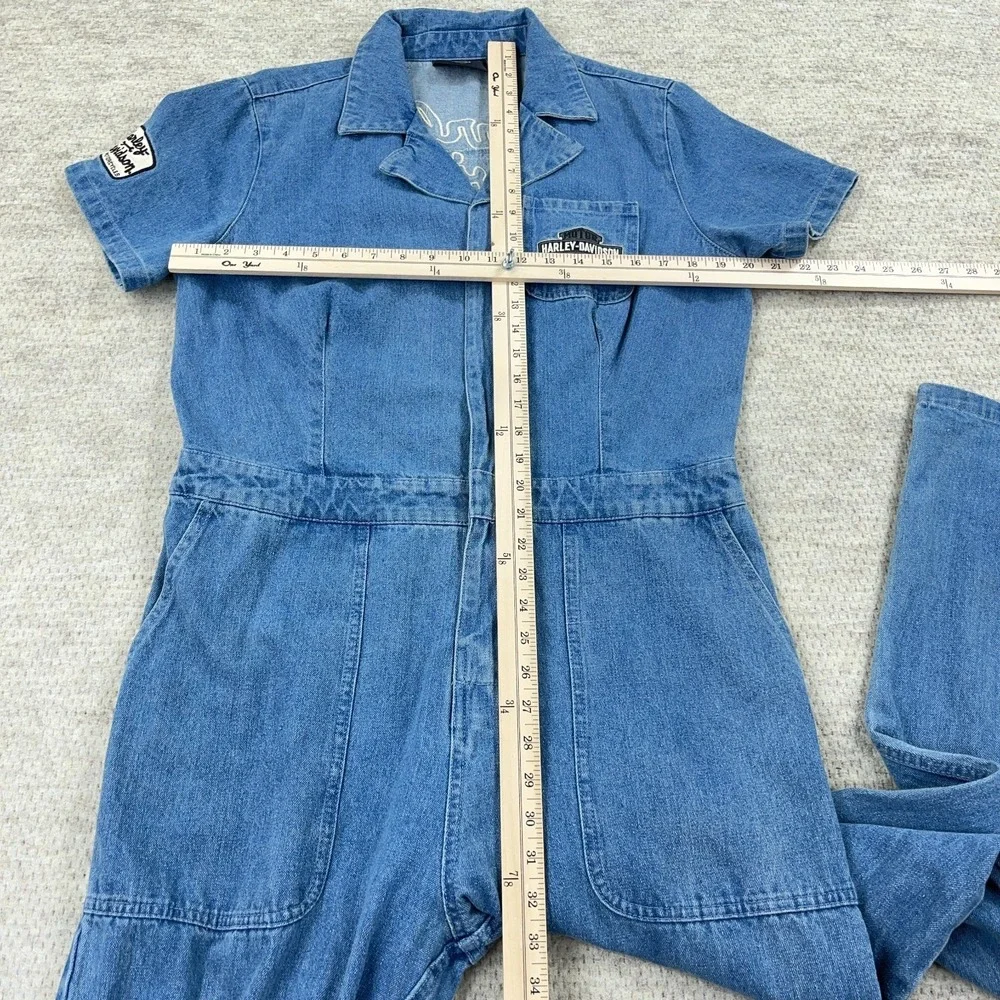 Harley Davidson Denim Bib Coverall Jumpsuit Women Large Blue Embroidered Y2K - Picture 10 of 16